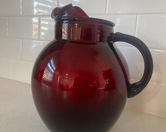 Anchor Hocking Royal Ruby Red Glass Round Ice Lip Pitcher 9”