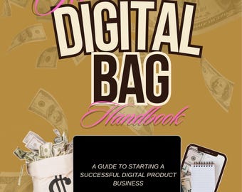 Könnte beinhalten: Das Cover von 'The Digital Bag Handbook' mit Laptop, Smartphone und Geldsack. Der Text lautet: 'Ein Leitfaden für den Start eines erfolgreichen digitalen Produktgeschäfts.' Im Hintergrund fallen Geldscheine, was auf Online-Business und finanziellen Erfolg hindeutet.
