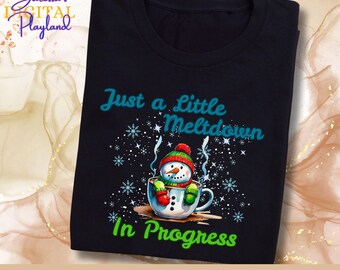 Grappige smeltende sneeuwpop png, kerstshirtontwerp met warme cacao (digitale download)