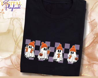 Halloween Ghost PNG: Beanie, Iced Coffee, Pumpkin - Sublimation Design (Digital Download)