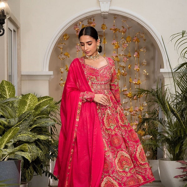 Wunderschönes indisches bedrucktes und besticktes Anarkali-Kleid im Alia-Schnitt mit Hose und Dupatta, Partykleidung aus Baumwollstoff Salwar Kameez Readymade