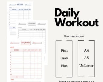 Registro di allenamento giornaliero stampabile, 3 formati, 3 colori, esercizio, set, pesi, ripetizioni, tempo, colonne di riposo, semplice, efficace, digitalFitnessPlanner
