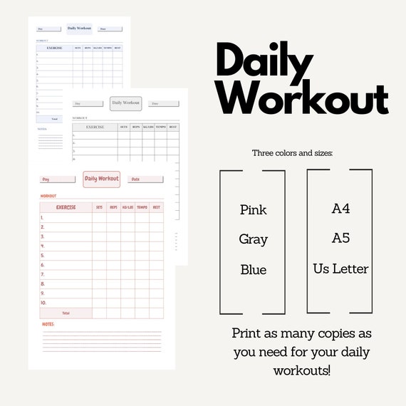 Printable Daily Workout Log 3 Formats 3 Colours Exercise Sets