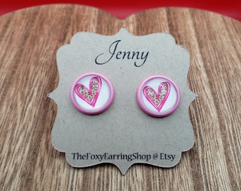 Pink Heart Earrings, Valentines Day Jewelry, Leopard Print Heart Earrings, Glass Earrings, Leopard Heart Stud Earrings, Animal Print Earring