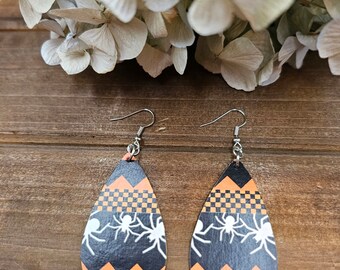 Orange and Black Spider Halloween Earrings, Spider Halloween Wood Earrings, Upcycled Wood Earrings with Spider Image, Spooky Season Spider