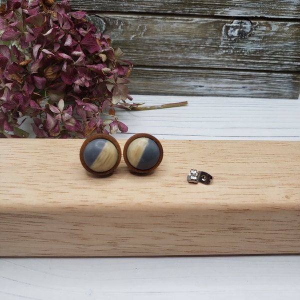 Charcoal Gray Wooden Stud Bezel Earrings, Everyday Lightweight Earrings for Her, Simply Smokey Gray Stud Earrings for Her, Wooden Cabochons