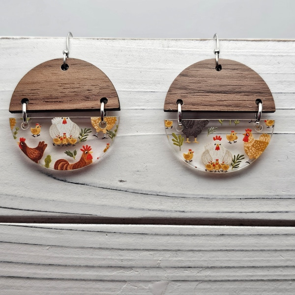 Chicken Hen and Rooster Earrings, Wooden Chicken Earrings, Hens and Chicks Walnut Wood Earrings, Homesteading Chicken Earrings, Acrylic Hens