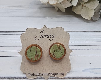 Olive Green Wooden Studs with Gold Flecks, Green and Gold Stud Earrings, 12mm Green Stud Fall Earrings, Fall and Autumn Jewelry, Wooden stud