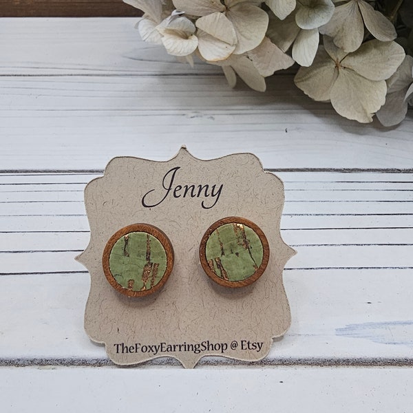 Olive Green Wooden Studs with Gold Flecks, Green and Gold Stud Earrings, 12mm Green Stud Fall Earrings, Fall and Autumn Jewelry, Wooden stud