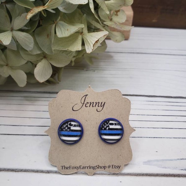 Law Enforcement Stud Earrings, Thin Blue Line Earrings, Back the Blue Flag Support Earrings, Police 12mm Cabochon Earrings with Blue Setting