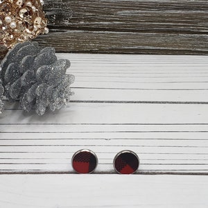 Red and Black Stud Earrings, Buffalo Plaid Earrings, 12mm Buffalo Plaid Earrings, Black and Red Plaid Earrings, Winter Stud Earrings
