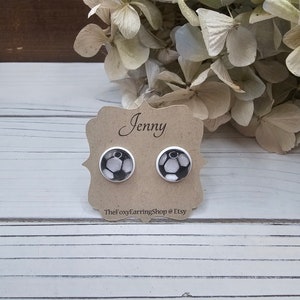 Soccer Ball Stud Earrings, White Glitter Soccer Black Ball 12mm Stud Earrings, Black and White Soccer Stud Earrings, Soccer Jewelry for Mom