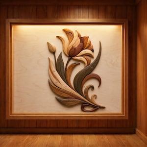 May include: A wooden floral relief sculpture in a wooden frame. The flower has multiple petals in shades of brown and tan, with green and brown leaves. The background is a light beige color.