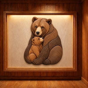 Puede incluir: Una pieza de arte mural de madera que muestra a un oso adulto grande y un osezno acurrucados juntos. Los osos están elaborados con varios tonos de madera marrón, mostrando vetas distintas, y montados dentro de un marco de madera rectangular.