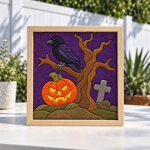 May include: A framed felt wall art piece featuring a black crow perched on a brown tree branch above an orange jack-o'-lantern with a carved face, set against a purple background with a small grey tombstone on a green grassy mound.