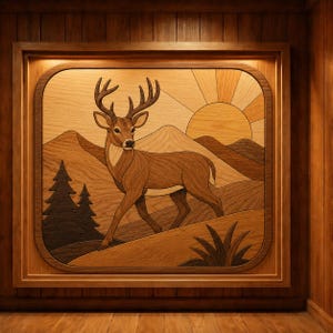 May include: A rectangular wooden wall art piece featuring an intricate marquetry design of a deer standing in a landscape with mountains, pine trees, and a rising sun. The artwork uses various shades of natural wood grain to create the scene.