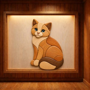 Puede incluir: Una pieza de arte mural de madera que presenta un gato estilizado compuesto por varios tonos de veta de madera natural. El gato está representado en posición sentada con ojos azul brillante, pelaje de pecho crema claro y acentos marrón oscuro.