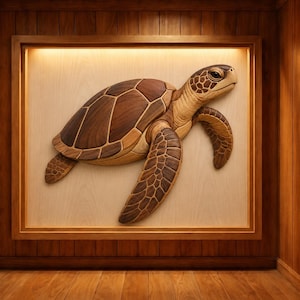 May include: A wall-mounted wooden sea turtle sculpture featuring a multi-toned brown and tan wood grain finish. The turtle is depicted in a swimming motion with detailed shell segments and flippers, set within a rectangular wooden frame.