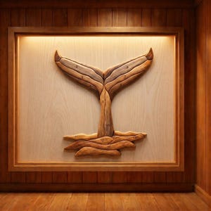 May include: Wooden whale tail art piece. The artwork features a detailed whale tail design, crafted from various shades of brown wood. The tail is mounted on a light-coloured wooden background, framed in a dark wood. Numbers are visible on the tail.