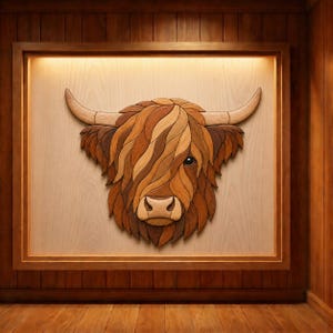 Può includere: Un'opera d'arte da parete in legno che raffigura la testa di una mucca Highland. Il pezzo è realizzato con diverse tonalità di legno naturale, con texture stratificate che rappresentano il pelo folto, le corna ricurve e i tratti del muso.