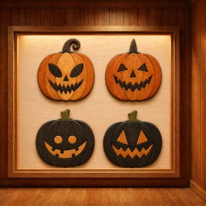 May include: Four wooden pumpkin wall decorations arranged in a square grid. Two pumpkins are orange with black carved faces, and two are black with orange carved faces. Each pumpkin features a unique jack-o'-lantern expression with eyes and mouths.