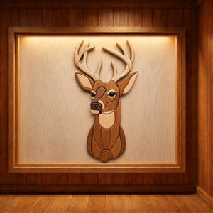 May include: A wall-mounted deer head sculpture crafted from multiple shades of natural wood. The piece features a light-colored antler set, a medium-brown face, and a darker brown neck section, all assembled with visible seams in a layered design.