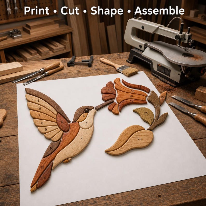 Hummingbird Inlay Templates Hummingbird Intarsia Pattern, Scroll Saw Bird Template, Flower ...