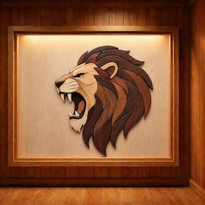 May include: A wooden lion head sculpture with an open mouth, showcasing detailed craftsmanship. The lion's mane features various shades of brown, and the sculpture is set within a wooden frame, creating a striking wall art piece.