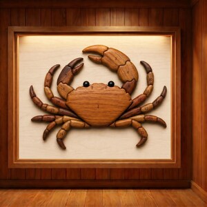 May include: Wooden crab puzzle with numbered pieces, displayed in a wooden frame. The crab is crafted from various shades of brown wood, with black eyes. The puzzle is mounted on a light-colored background, and the frame is a darker wood.