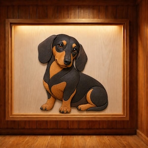May include: A wooden wall art piece featuring a layered, three-dimensional depiction of a black and tan dachshund. The dog is shown in a sitting position with its head turned slightly, set against a light wood panel within a dark wood frame.