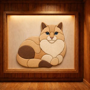 May include: A wooden wall art piece featuring a stylized cat composed of layered, light and dark tan wood segments. The cat has bright blue eyes, a cream-colored chest, and dark brown patches on its side and tail, set within a rectangular frame.