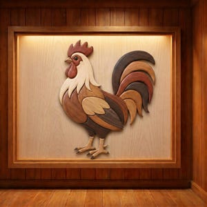 May include: A wooden rooster wall art piece. The rooster is crafted from various shades of wood, including light tan, brown, and dark brown. It is framed in a wooden frame and mounted on a light-colored wooden background. The rooster has a red comb and wattle.