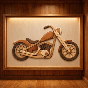 May include: A wall-mounted wooden art piece featuring a layered, three-dimensional motorcycle silhouette. The design uses various shades of natural wood grain to define the frame, wheels, fuel tank, seat, and engine components within a frame.