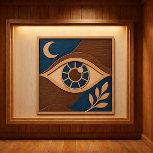 May include: A square wooden wall art piece featuring a central eye motif with a circular iris and pupil. The design includes a crescent moon in the upper left corner and a leafy branch in the lower right, rendered in layered blue and brown wood tones.