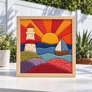 May include: A square fabric wall art piece in a light wood frame featuring a quilted scene of a lighthouse and a sailboat on the water. The design includes a yellow sun with orange and red rays, rolling hills in purple and red, and floral patterns.