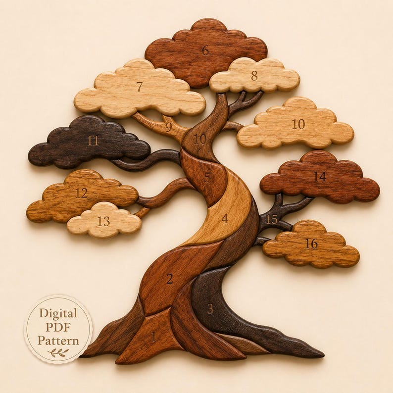 Tree Intarsia Pattern PDF, Scroll Saw Woodworking Template, Bonsai Tree ...