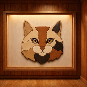 May include: A wall-mounted wooden cat head sculpture crafted from various wood tones including light tan, medium brown, and dark espresso. The feline face features intricate layered wood grain patterns, almond-shaped amber eyes, and a symmetrical design.