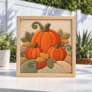 May include: A square framed fabric wall art piece featuring a quilted applique design of three orange pumpkins surrounded by green and gold fabric leaves and swirling vine accents, all set against a light beige patterned fabric background.