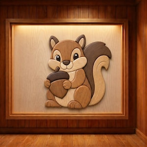 May include: A wooden wall art piece featuring a cartoon squirrel holding an acorn. The squirrel is crafted from various shades of brown wood, with a light beige belly and a dark brown tail. The artwork is framed in a wooden shadow box.