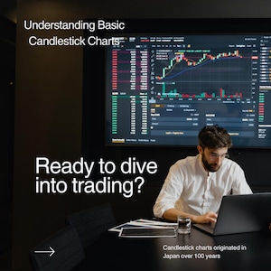 Puede incluir: Un hombre con camisa blanca trabaja en un portátil. Una pantalla muestra un gráfico de velas con líneas verdes y rojas. El texto dice "Comprendiendo los gráficos de velas básicos" y "¿Listo para sumergirte en el trading?"