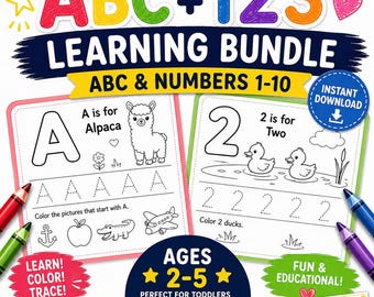 Afdrukbaar pakket ABC en cijfers, werkbladen alfabet en cijfers traceren, leeractiviteiten voor peuters, pdf-werkbladen voor kleuters