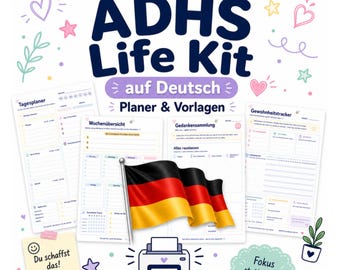 Pode incluir: Um kit digital ADHS Life em alemão, com modelos de planejador imprimíveis. O design inclui uma bandeira alemã, um ícone de impressora e texto que diz "Tagesplaner", "Wochenübersicht", "Gedankensammlung" e "Gewohnheitstracker". Corações e estrelas decorativas também estão incluídos.