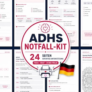 Könnte beinhalten: Ein digitales ADHS-Notfall-Kit mit 24 druckbaren Seiten, inklusive Checklisten, Ablaufdiagrammen und einem Mandala. Die zentrale kreisförmige Grafik zeigt den Text ADHS NOTFALL-KIT, 24 SEITEN sowie ein Druckersymbol auf dunkelblauem Grund.