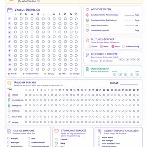 K&ouml;nnte beinhalten: Ein druckbarer Menstruationszyklus-Tracker mit Kalenderlayout, der Abschnitte zur Verfolgung von Perioden, Symptomen, Energieniveaus und Stimmung enth&auml;lt. Enth&auml;lt eine Selbstpflege-Checkliste und Platz f&uuml;r Notizen. Der Tracker soll helfen, den K&ouml;rper zu verstehen.