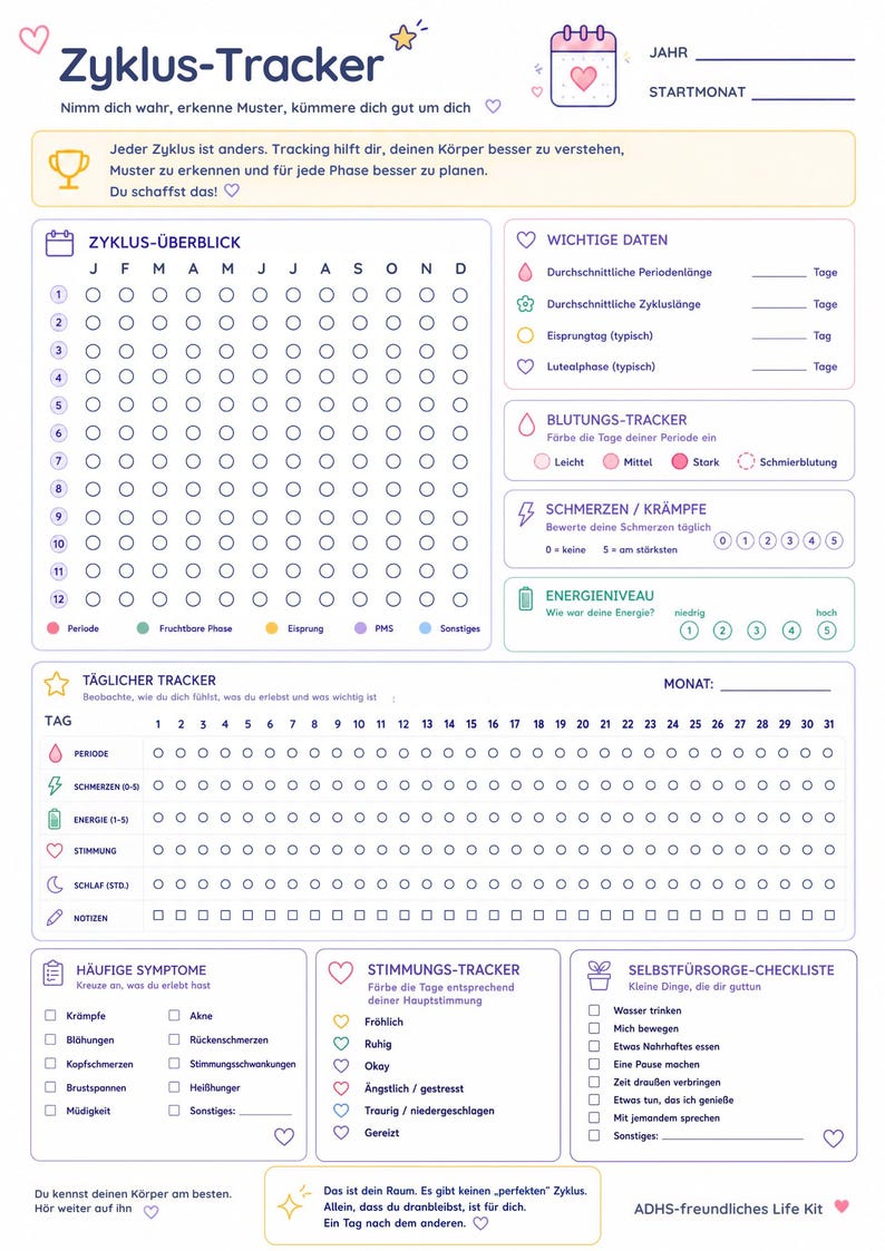 K&ouml;nnte beinhalten: Ein druckbarer Menstruationszyklus-Tracker mit Kalenderlayout, der Abschnitte zur Verfolgung von Perioden, Symptomen, Energieniveaus und Stimmung enth&auml;lt. Enth&auml;lt eine Selbstpflege-Checkliste und Platz f&uuml;r Notizen. Der Tracker soll helfen, den K&ouml;rper zu verstehen.