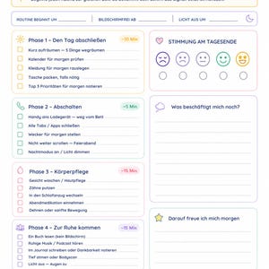 K&ouml;nnte beinhalten: Eine druckbare Abendroutine-Checkliste in Wei&szlig; und Lila. Die Checkliste enth&auml;lt Abschnitte zum Abschlie&szlig;en des Tages, zum Abschalten, zur Selbstpflege und zum Entspannen. Sie hat auch Abschnitte f&uuml;r die Stimmung, zu ber&uuml;cksichtigende Dinge und worauf Sie sich freuen.