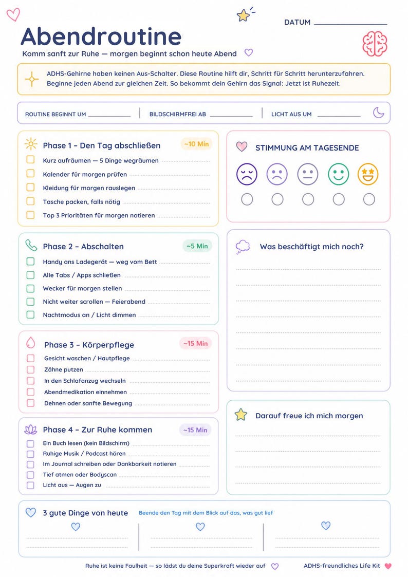K&ouml;nnte beinhalten: Eine druckbare Abendroutine-Checkliste in Wei&szlig; und Lila. Die Checkliste enth&auml;lt Abschnitte zum Abschlie&szlig;en des Tages, zum Abschalten, zur Selbstpflege und zum Entspannen. Sie hat auch Abschnitte f&uuml;r die Stimmung, zu ber&uuml;cksichtigende Dinge und worauf Sie sich freuen.