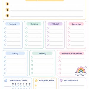 K&ouml;nnte beinhalten: Ein Wochenplaner in Pastellfarben mit Abschnitten f&uuml;r jeden Wochentag, einem Gewohnheitstracker und Platz f&uuml;r Wochenziele. Der Planer enth&auml;lt den Text "Wochen&uuml;bersicht" und ist f&uuml;r die Organisation gedacht.