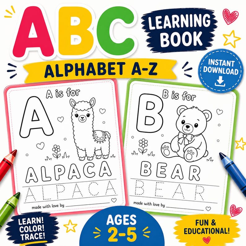 ABC Learning Book, Alphabet A-Z Coloring and Tracing Pages (instant ...