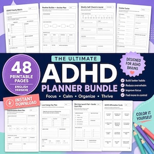 May include: A digital ADHD planner bundle featuring 48 printable pages with templates for priority matrices, routine builders, self-check-in journals, emotion trackers, reset plans, energy plans, launch pads, and affirmation cards in black and white.